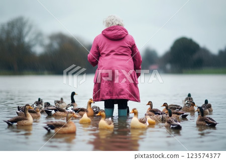 Woman in pink coat feeds ducks in a flooded park on an overcast day 123574377