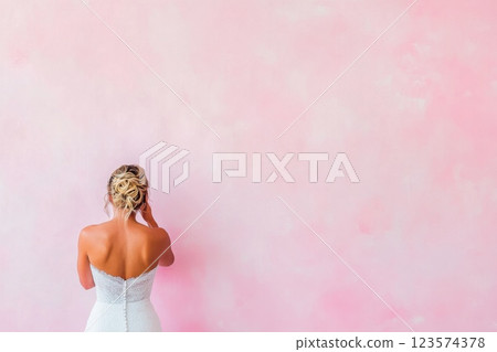 Young woman tears up with joy seeing her wedding dress against pastel pink background 123574378