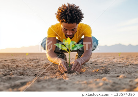 Young man planting trees in a desert to restore the environment and combat deforestation 123574380