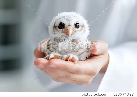 Veterinarian cares for young owls feathers in wildlife sanctuary while ensuring its health Veterinarian cares for young owls feathers in wildlife sanctuary while ensuring its health 123574388
