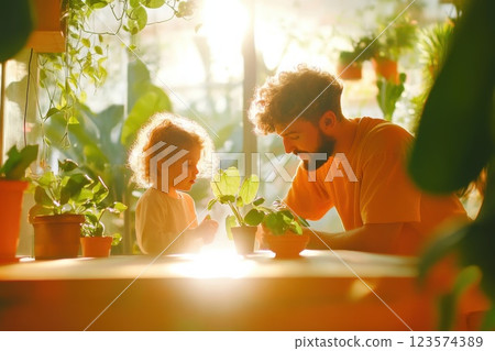 Young man teaches child about plant care in cheerful rooftop garden setting Young man teaches child about plant care in cheerful rooftop garden setting 123574389
