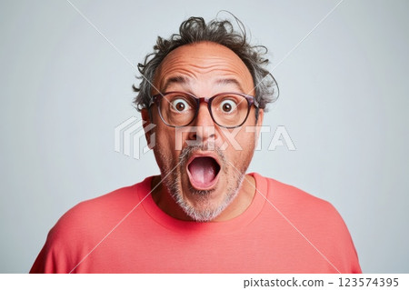 Middle aged man expresses amazement upon seeing favorite athlete in person Middle aged man expresses amazement upon seeing favorite athlete in person 123574395