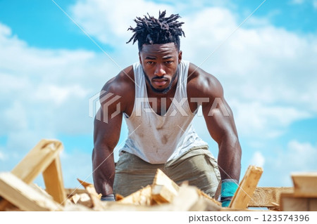 A determined Black man rebuilding a school after hurricane devastation A determined Black man rebuilding a school after hurricane devastation 123574396