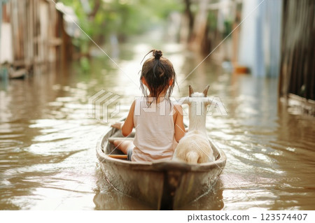 Woman rescues stranded goat during a flood in a challenging environment of rising water Woman rescues stranded goat during a flood in a challenging environment of rising water 123574407