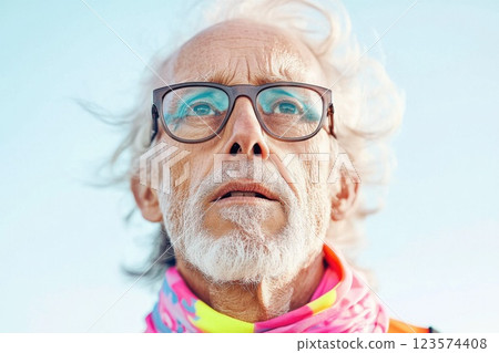 Middle aged man shows stunned expression as he is recognized in public against gray background Middle aged man shows stunned expression as he is recognized in public against gray background 123574408