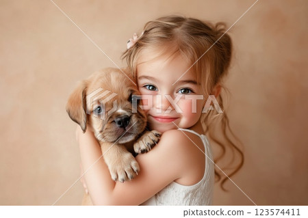 Young girl joyfully cradling a rescued puppy in her arms in a vibrant setting 123574411