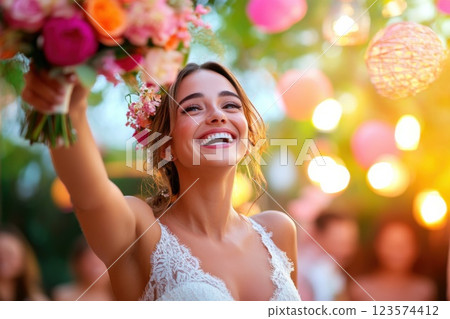 Young woman joyfully catches bouquet in vibrant garden during wedding celebration 123574412