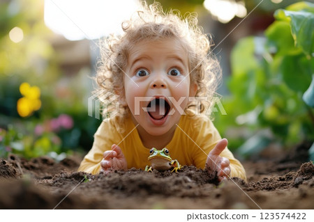 Delightful discovery of a frog by a little girl in the garden on a sunny day Delightful discovery of a frog by a little girl in the garden on a sunny day 123574422