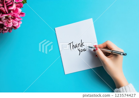 Teenage girl writes heartfelt thank you cards for donors against a bright blue background 123574427