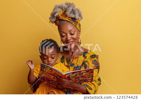 Middle aged woman teaching children reading skills in community center with warm tones 123574428