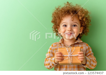 Little boy with curious expression unwrapping gift in front of light green background 123574437