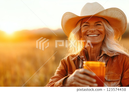 Middle aged woman joyfully riding a horse in sunny countryside during her first experience 123574438