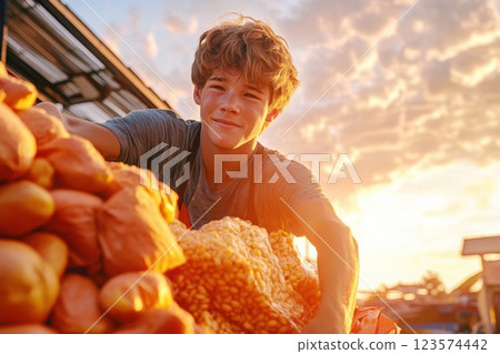 Young man assists in loading food supplies for disaster relief under a bright open sky 123574442