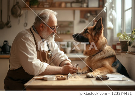 Male veterinarian provides vaccination to a dog in a warm rural setting with clean surroundings Male veterinarian provides vaccination to a dog in a warm rural setting with clean surroundings 123574451