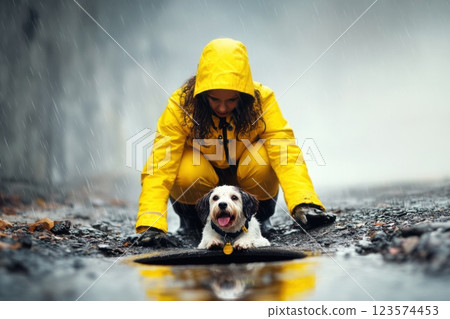 Woman in yellow raincoat rescues dog from storm drain during heavy rain 123574453