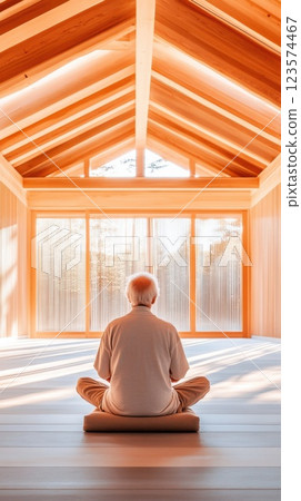 Older man peacefully meditating in a community center with soft lighting and natural tones 123574467