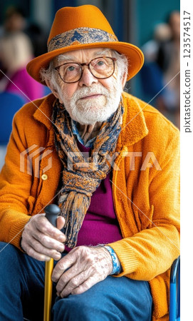 Elderly man shares his story in therapy group while holding a cane and smiling warmly 123574517
