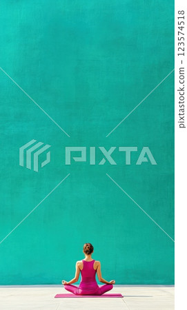 Young woman practicing meditation on yoga mat in minimalist space with bright green background 123574518