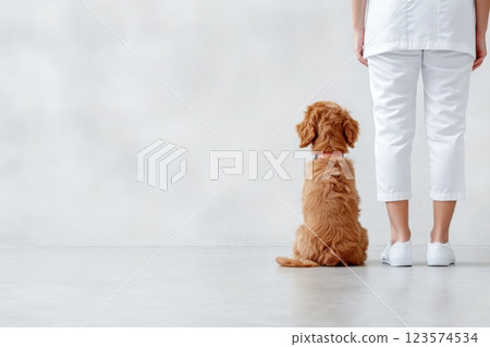 Veterinarian provides comfort to scared dog in shelter environment with bright lighting 123574534