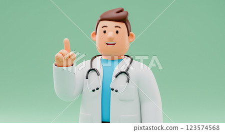 Animated 3D cartoon doctor character smiling and pointing up, 3D avatar of a doctor. 123574568