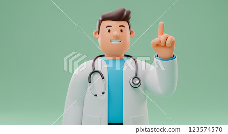 Animated 3D cartoon doctor character smiling and pointing up, 3D avatar of a doctor. 123574570