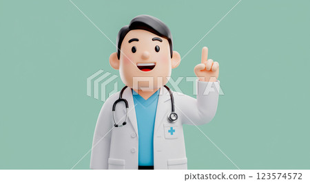 動畫3D卡通醫生角色微笑並指向上方，醫生的3D化身。 123574572