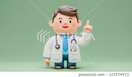 動畫3D卡通醫生角色微笑並指向上方，醫生的3D化身。 123574573