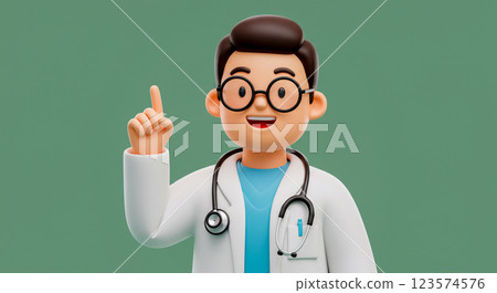 動畫3D卡通醫生角色微笑並指向上方，醫生的3D化身。 123574576