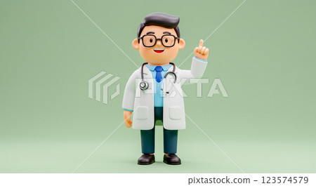 Animated 3D cartoon doctor character smiling and pointing up, 3D avatar of a doctor. 123574579