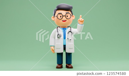 動畫3D卡通醫生角色微笑並指向上方，醫生的3D化身。 123574580