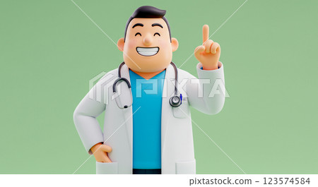 動畫3D卡通醫生角色微笑並指向上方,醫生的3D化身。 動畫3D卡通醫生角色微笑並指向上方,醫生的3D化身。 123574584