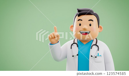 動畫3D卡通醫生角色微笑並指向上方，醫生的3D化身。 123574585
