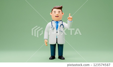 Animated 3D cartoon doctor character smiling and pointing up, 3D avatar of a doctor. 123574587