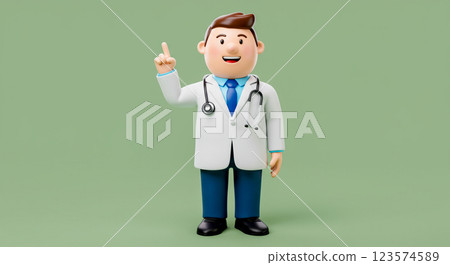 動畫3D卡通醫生角色微笑並指向上方，醫生的3D化身。 123574589