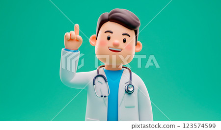Animated 3D cartoon doctor character smiling and pointing up, 3D avatar of a doctor. 123574599