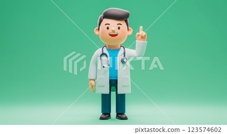 Animated 3D cartoon doctor character smiling and pointing up, 3D avatar of a doctor. 123574602