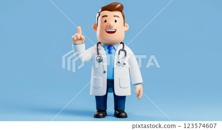 Animated 3D cartoon doctor character smiling and pointing up, 3D avatar of a doctor. 123574607