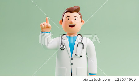 Animated 3D cartoon doctor character smiling and pointing up, 3D avatar of a doctor. 123574609