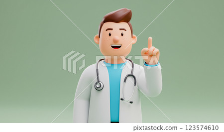 動畫3D卡通醫生角色微笑並指向上方，醫生的3D化身。 123574610