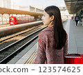 一位表情溫柔的女人在車站等火車 123574625