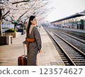 一位表情溫柔的女人在車站等火車 123574627