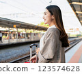 一位表情溫柔的女人在車站等火車 123574628