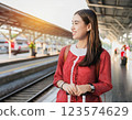 一位表情溫柔的女人在車站等火車 123574629