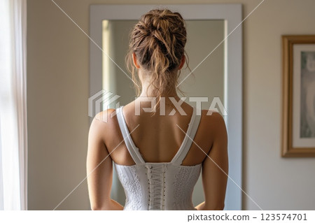 Teenager with scoliosis wearing a back brace shows determination in bedroom mirror reflection 123574701