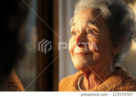 Elderly woman with Bells palsy smiles softly while looking in the mirror at home 123574707