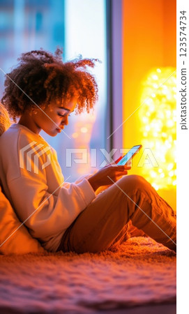 Stressed teenager sitting on bedroom floor using mindfulness app in soft light 123574734