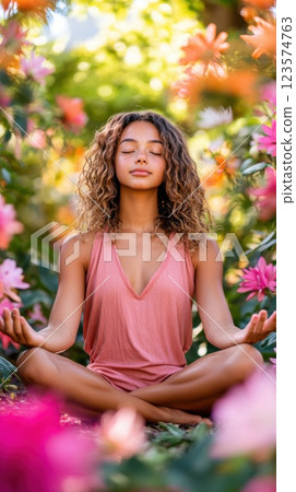 Meditation in a sunlit garden with blooming flowers creating a peaceful atmosphere 123574763