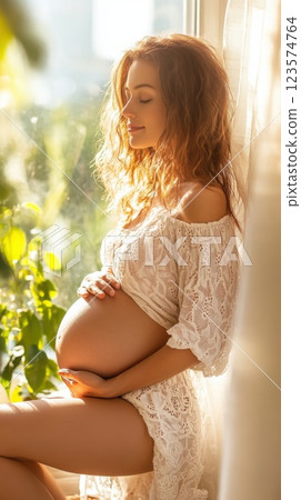 Mindful pregnant woman embracing serenity by a sunlit window 123574764