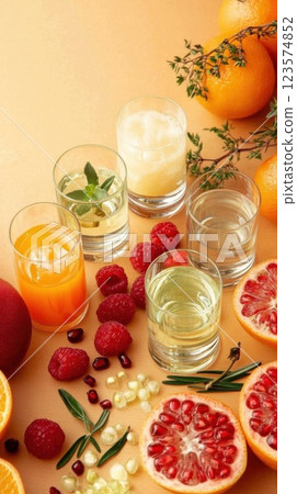 Refreshing citrus juices and fruits displayed beautifully on a rustic wooden table Refreshing citrus juices and fruits displayed beautifully on a rustic wooden table 123574852
