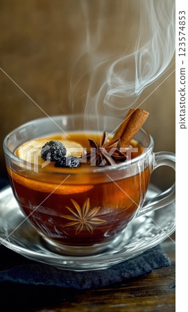 Cozy chai tea with spices creating a warm and inviting atmosphere on a chilly day Cozy chai tea with spices creating a warm and inviting atmosphere on a chilly day 123574853
